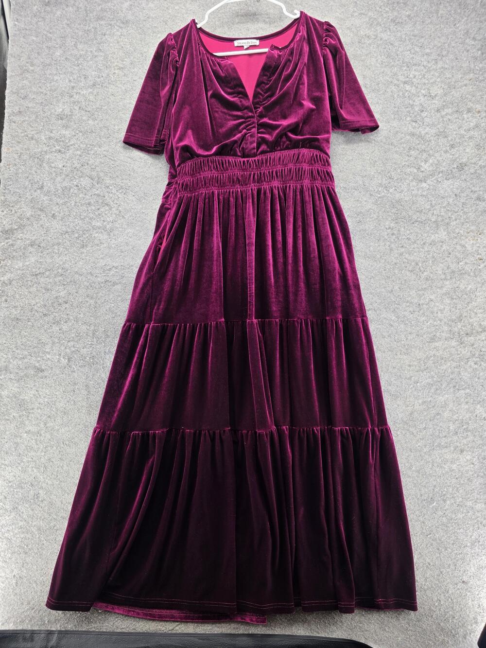 See And Be Seen Dress Womens Small Purple Velvet Ruched Tiered Fit Flare Party